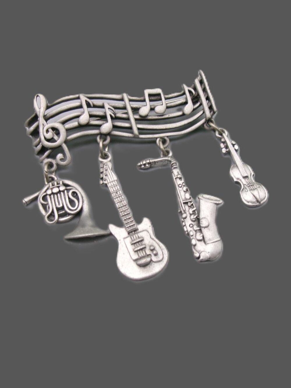 JJ Jonette Pewter Musical Brooch Dangling Instruments, Vintage